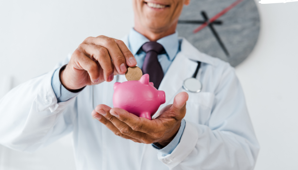 This a doctor happily placing a coin into a piggy bank