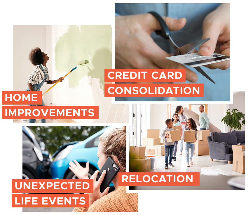 Images with text that says "Home improvements, credit card consolidation, unexpected life events, and relocation"